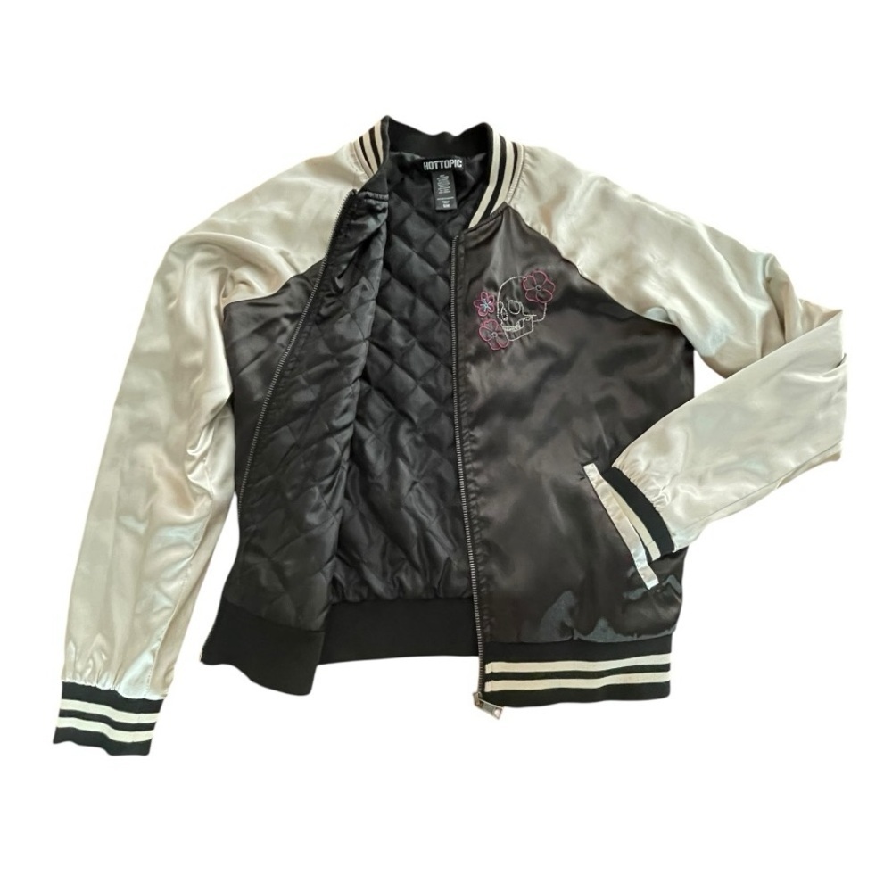 Hot Topic Embroidered Skull Satin Bomber Jacket - Black & Ivory - Picture 5 of 15